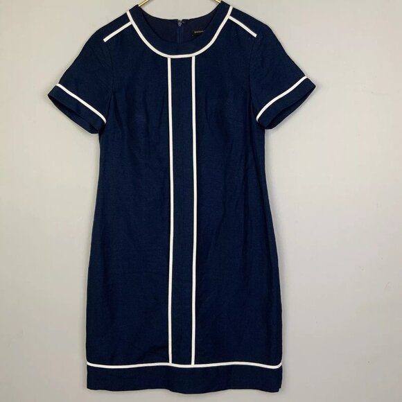 Banana Republic Sz 2 Navy Blue White Trim Linen Short Sleeved Shift Dress Mod - Picture 1 of 7